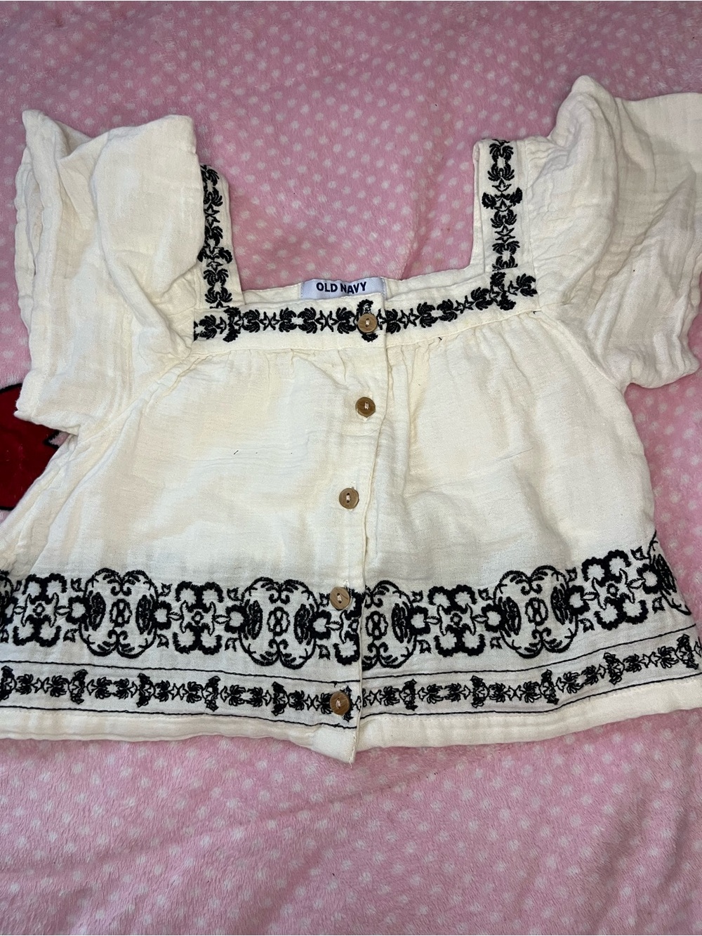 Old Navy Cream Embroidered Square-Neck Top with Black Trim